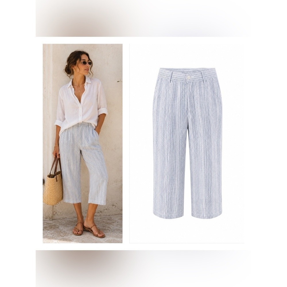 Liz Claiborne Linen Wide Leg Crop Pants Large Coastal Fisherman Euro Summer
